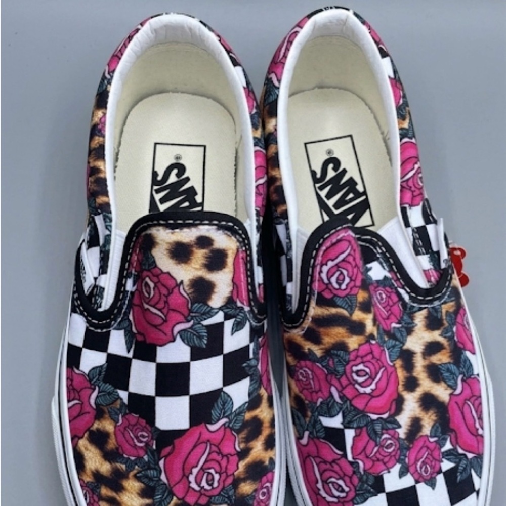 News Vans Classic Slip-On Shoes Rose-Leopard & Checkerboard  Women’s 5/Men’s 3.5